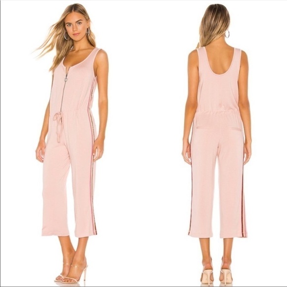 David Lerner Pants - David Lerner x Revolve Pink Tie Waist Metallic Stripe Jumpsuit Size S